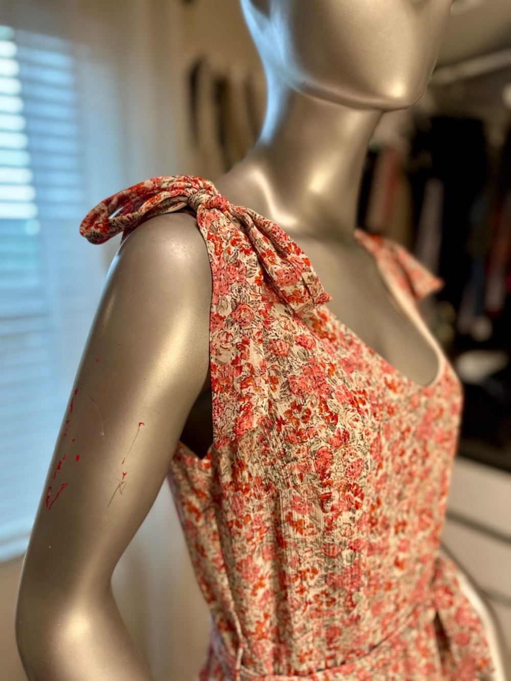 Lucy Paris Midi Dress Floral Tie-Strap Medium Fit & Flare Pink & Cream Chiffon - Picture 2 of 6